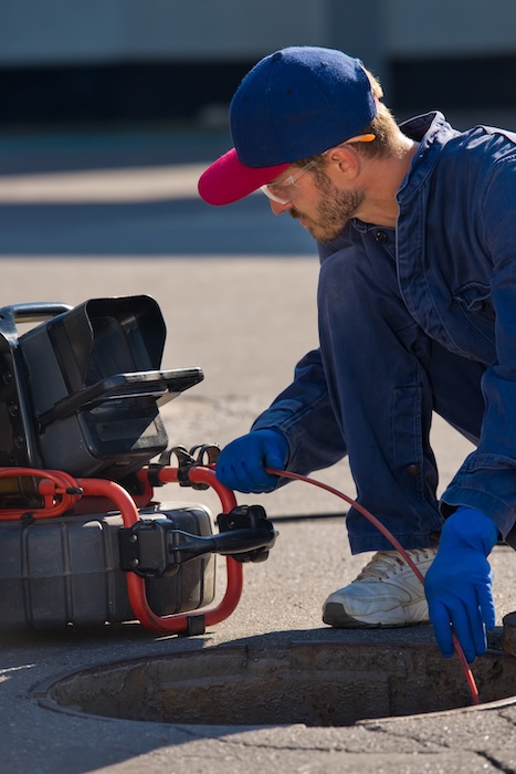 Plumber diagnoses a drain well on the street using special equipment. Plumber inspecting underground sewer line with camera