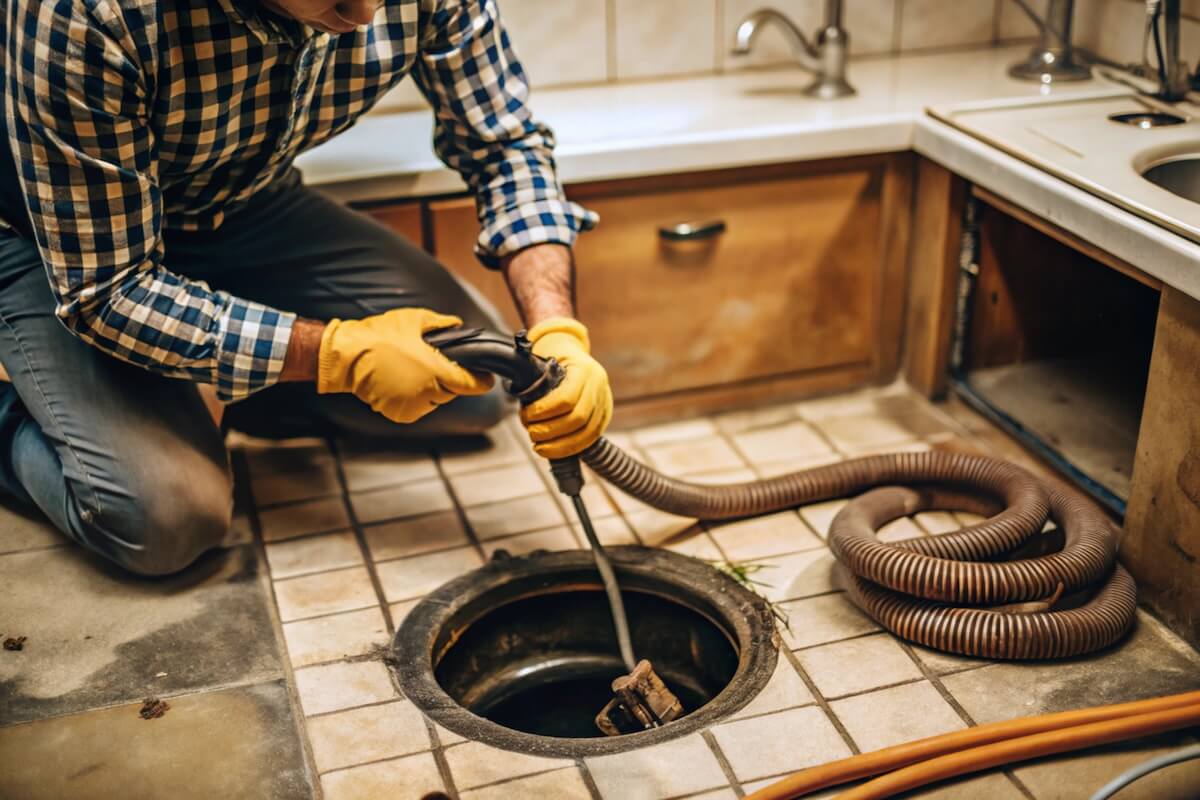 unclogging-drain-with-snake-plunger Calling Emergency Plumber Solving Kitchen Problems