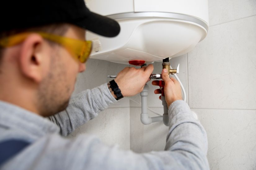 water-heater High-pressure water jet cleaning clogged drain in urban area